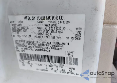 2012 Ford Escape Xlt from USA, damaged, VIN 1FMCU0D72CKB62502